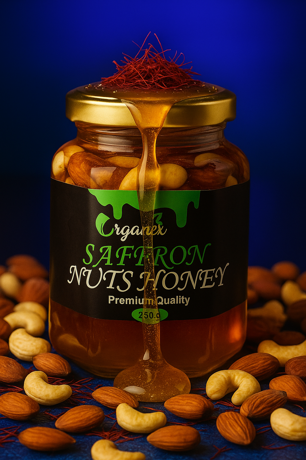 Premium Saffron Nuts Honey - Organic, Raw, Pure, Natural (250g)